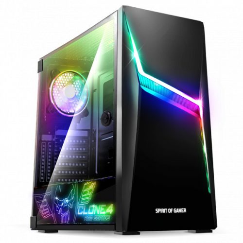 Spirit of gamer számítógépház - clone 4 black (fekete, ablakos, 8x12cm ventilátor, alsó táp,  atx, 1xusb3.0, 2xusb2.0)