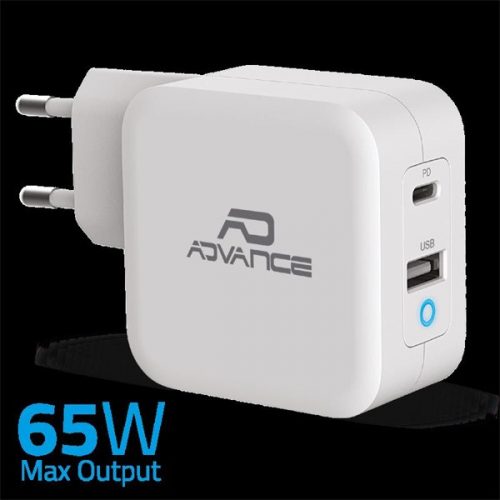 Advance telefon töltő adapter - powerflex turbo 65w (usb-c+usb-a, 65w, fehér)