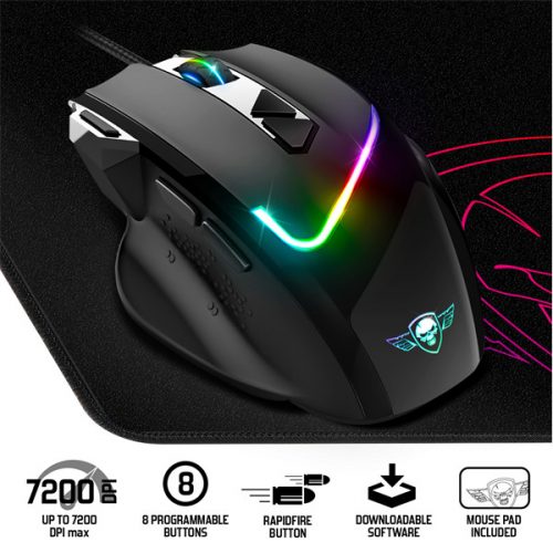 Spirit of gamer egér - pro-m3 rgb (optikai, 7200dpi, 8 gomb, harisnyázott kábel, fekete) + egérpad