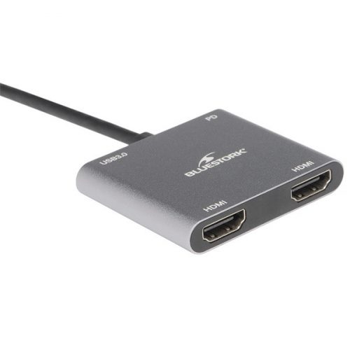 Bluestork usb hub - hub-duo-hdmi (usb3.0, usb-c to 2xhdmi + usb-c, 4k@30hz, szürke)