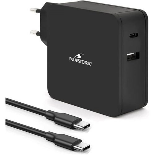 Bluestork hálózati töltő - pw-nb-65-c (usb-c, usb-a, 65w, 1.8m kábel, fekete)