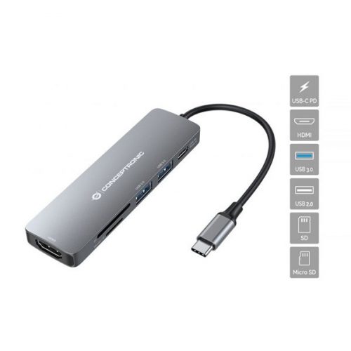 Conceptronic notebook dokkoló - donn11g (usb-c to hdmi+usb-c pd:60w+usb-a 3.0+2.0, ezüst)