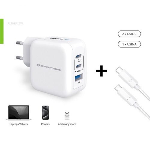 Conceptronic telefon töltő adapter+kábel - althea17w (2xusb-c+usb-a, 67w, usb-c töltő kábel, fehér)