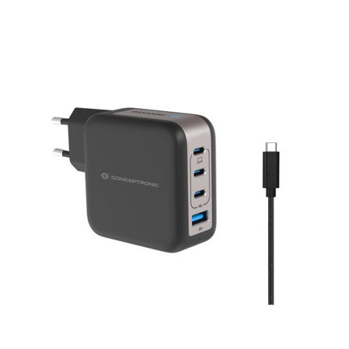 Conceptronic telefon töltő adapter+kábel - althea18b (3xusb-c+usb-a, 100w, usb-c töltő kábel, fekete)