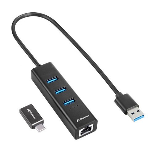 Sharkoon usb hub - aluminium hub type-c adapter + rj45 (3port; usb3.2 gen 1; fekete)