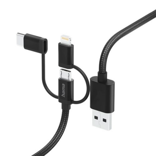 Hama kábel - 201536 (3in1, micro usb/usb-c/lightning, usb 2.0, 1,5m, fekete)