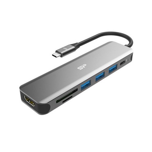 Silicon power usb hub - type-c 7in1 hub  (1db hdmi, 1db microsd, sd kártya, 3db  usb3.0, 1db type-c ) fekete