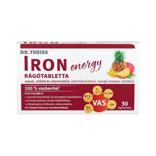 Dr.theiss iron energy rágótabletta vassal, cinkkel és vitaminokkal mangó-ananász ízben 30 db