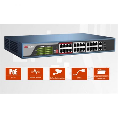 Hikvision switch poe - ds-3e0326p-e (24 port 100mbps, 370w, 2 port 1000mbps combo, l2)