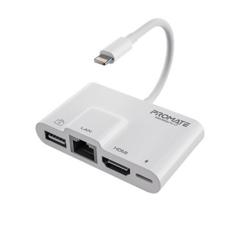 Promate multimédia hub - mediasync lt (lightning 4in1 hub, 1x4k hdmi, 1xusb 3.0, 1xlightning, rj45, fehér)