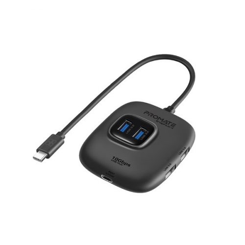 Promate usb hub - snaphub 4 (usb-c 5in1 hub, 85w pd, 4xusb 3.2, 1xusb-c, adapter, fekete)