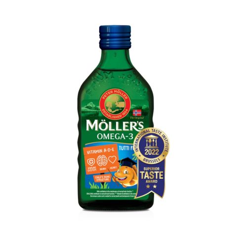 Möllers omega-3 halolaj étrend-kiegészítő a, d és e-vitaminnal, tutti-frutti ízesítéssel 250 ml