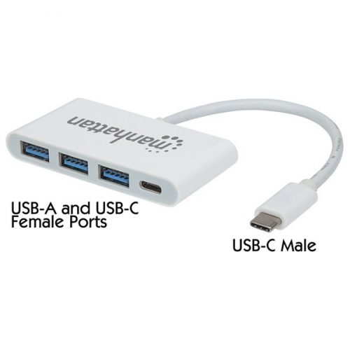 Manhattan usb hub - type-c-ről  3db usb 3.0-ra+1db usb type-c, power delivery, fehér