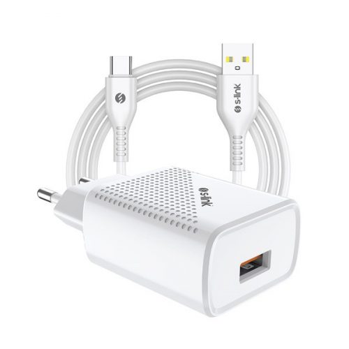 S-link hálózati töltő - sl-ec40t (1db usb, 5v/2.4a, 12w, gyorstöltés, usb type-c, 100cm adat+töltőkábel, fehér)