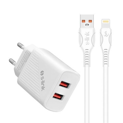 S-link hálózati töltő - sl-ec50l (2db usb, 5v/3a, 12w, gyorstöltés, lightning, 100cm adat+töltőkábel, fehér)