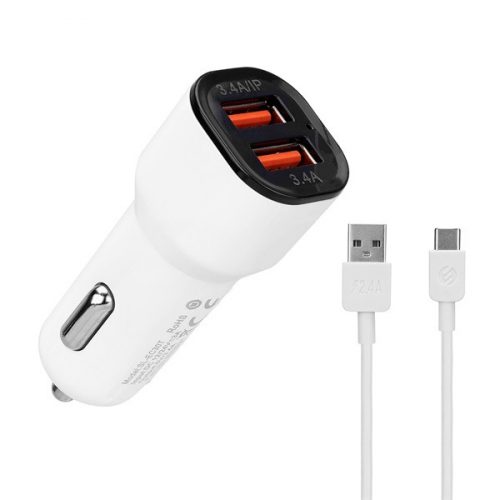 S-link autós töltő - sl-ec30t (2db usb, 5v/2.4a/3,4a, 17w, type-c, 100cm adat+töltőkábel, fehér)