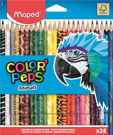 Színes ceruza készlet, háromszögletű, MAPED "Color'Peps Animal", 24 különböző szín